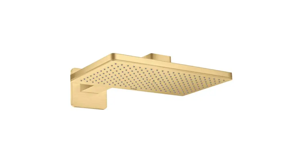 Kopfbrause in Brushed Gold Optic von AXOR, rechteckige Form mit mehreren Wasserdüsen, montiert an einer Wand mit einem minimalistischen Brausearm.